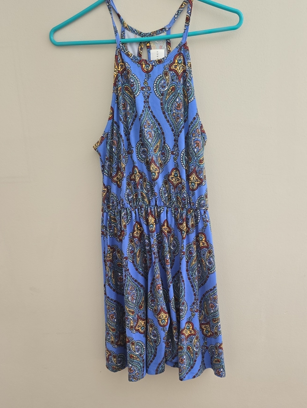 French Grey Blue Paisley Halter Mini Dress